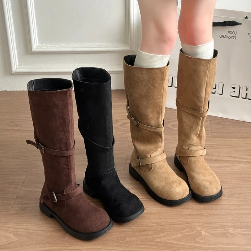 Women Round Toe Faux Suede Knee High Boots Double Buckle Strap Low Heel Vintage Knight Boots Autumn Winter Casual Footwear