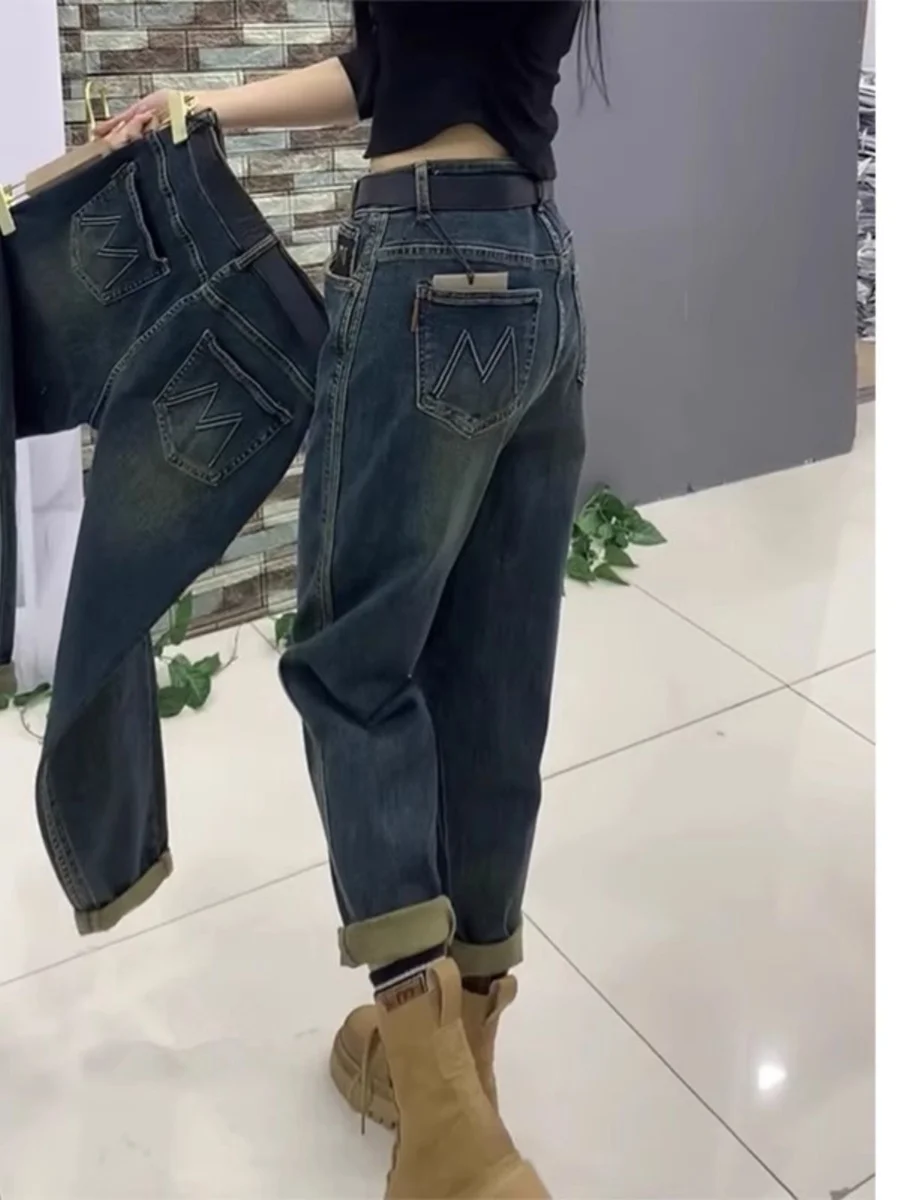 

High Waist Straight Leg Denim Jeans plus Size Color Block Women's Spring Autumn New Style Slimming Dad Pants Curvy Women