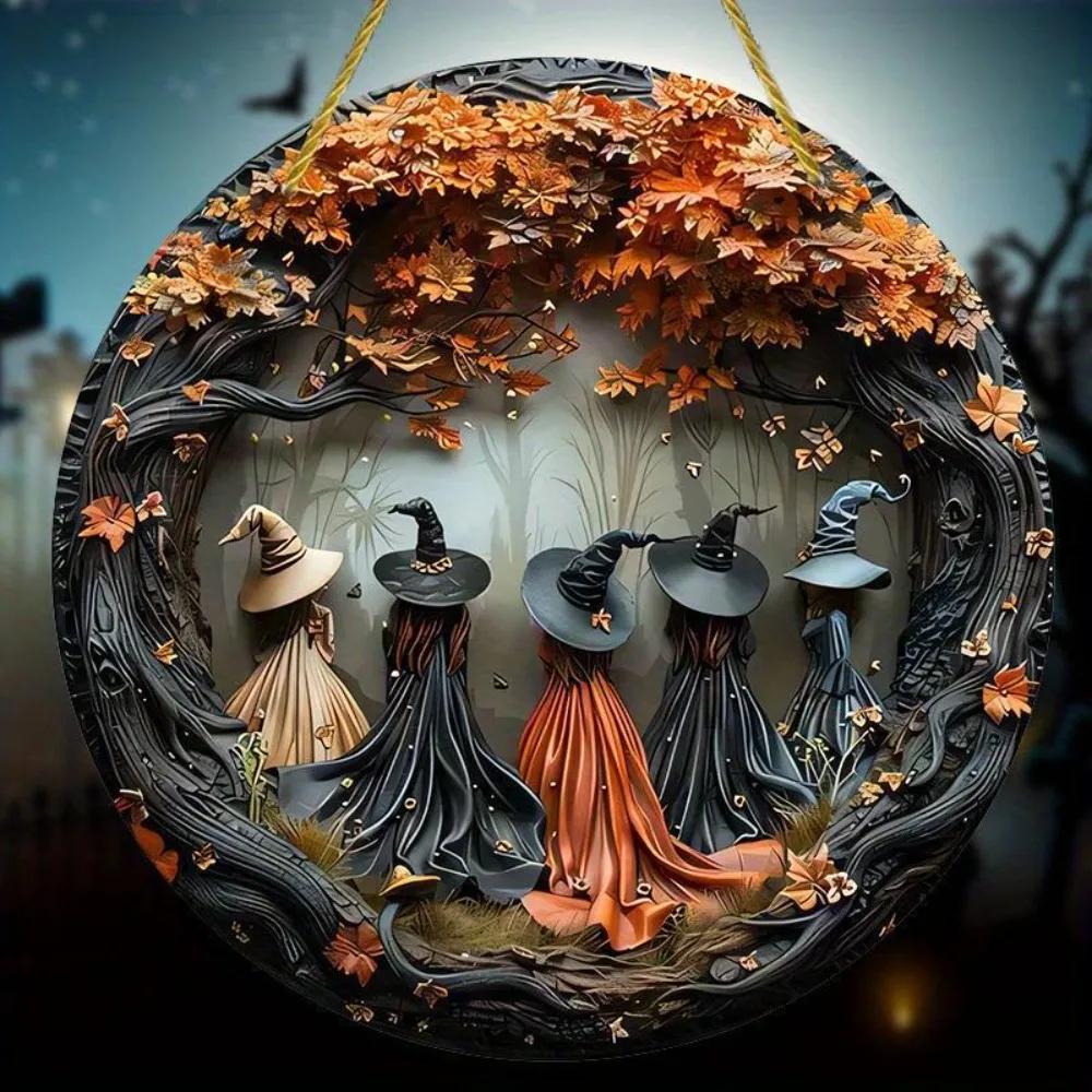 Autumn Witches in Enchanted Forest Round Metal Sign, 2D Flat Print Halloween Witchy Wall Decor, Weatherproof Fall Season Witchcr