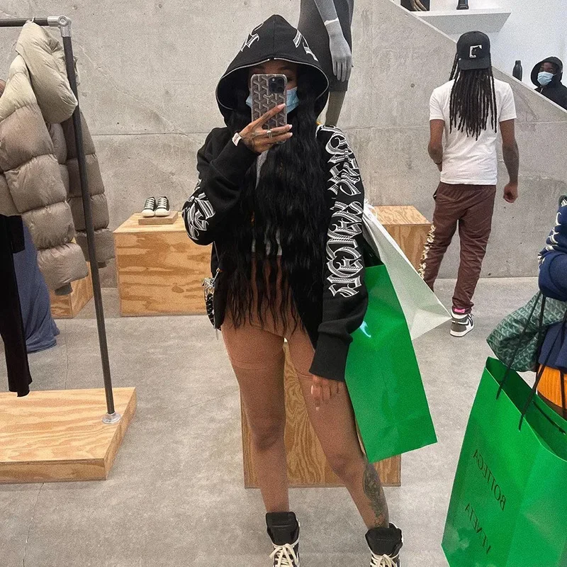 Women Crop Zip Hoodie Y2K Gothic Letter Big Hood Slim Sweatshirt Long Sleeve Cropped Jacket Street Club Daily Casual Outfit
