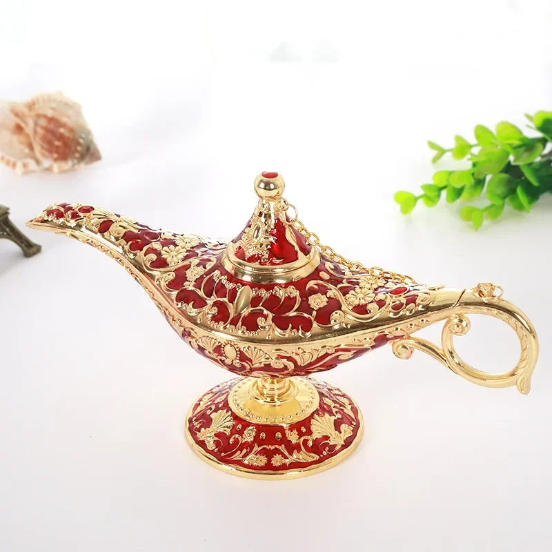 34cm Vintage Metal Carved Aladdin Lamp Light Wishing Tea Oil Pot Decoration Figures Saving Collection Arts Craft Gift