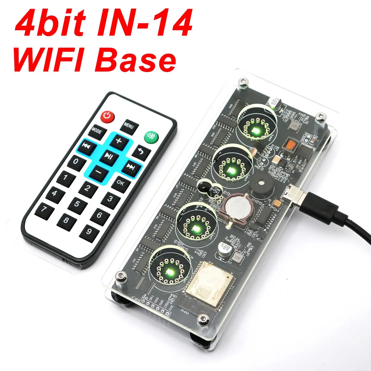 4-digit IN14 Nixie Tube Base DIY IN-14 WiFi Clock Digital Display Time Date Temperature Alarm W Remote Control TYPE-C USB POWER