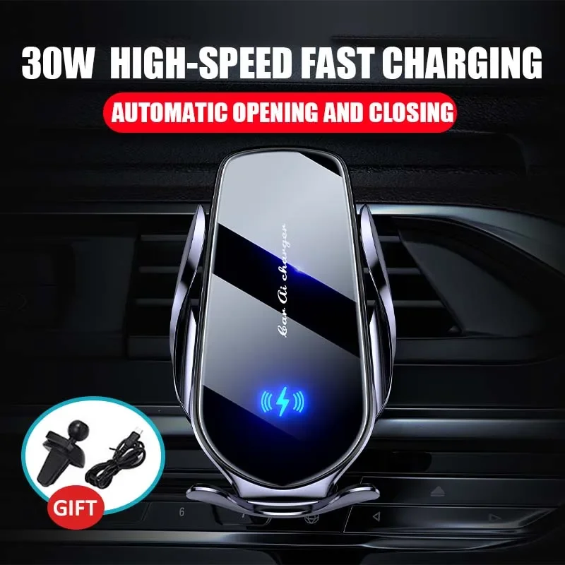 30W Ceramic Glass Automatic Wireless Charger Car Phone Holder Infrared Induction Air Vent Clip For iPhone 16 Samsung S24 Xiaomi