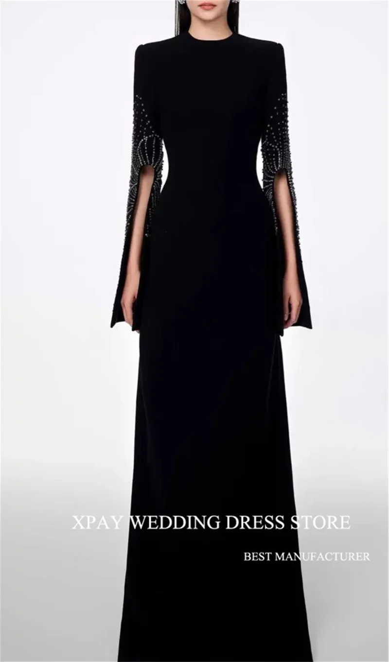 XPAY Modern Black Evening Dresses Dubai Arabic Women Jewel Neck Handmade Beads Cut-Out Long Sleeves Formal Dress Party Wedding