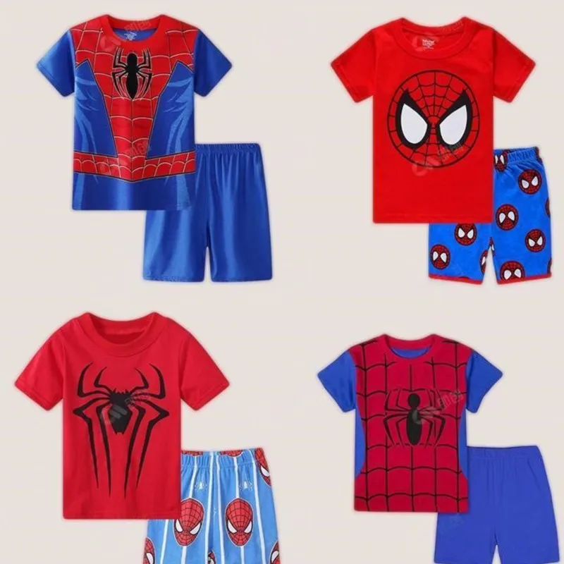 Cartoon SpiderMan Children's Short Sleeve Set Avengers Anime Movies Kid Summer T-shirt Shorts Home Clothing Suits Birthday Gift