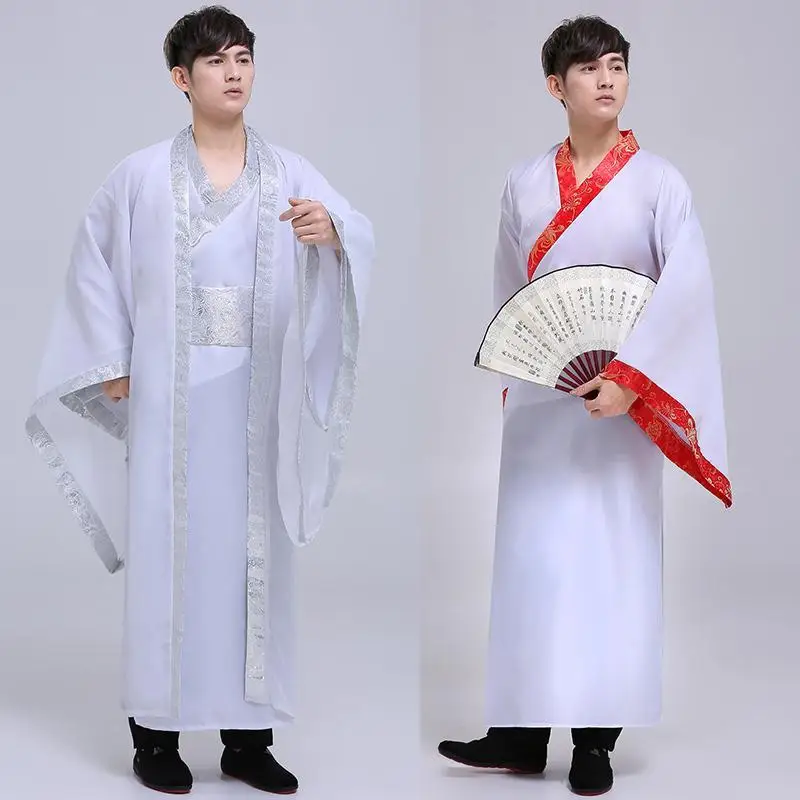 Hanfu gaya Cina pria seni bela diri retro ditingkatkan lengan panjang putih set dua potong gaun tradisional Cina