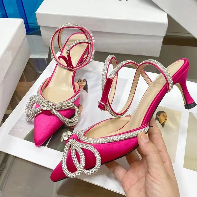 Fashion Pointed Toe Satin Luxury Rhinestone Big Bowknot Twine Women Sandals Summer Gladiator Banquet Party Wedding High Heels