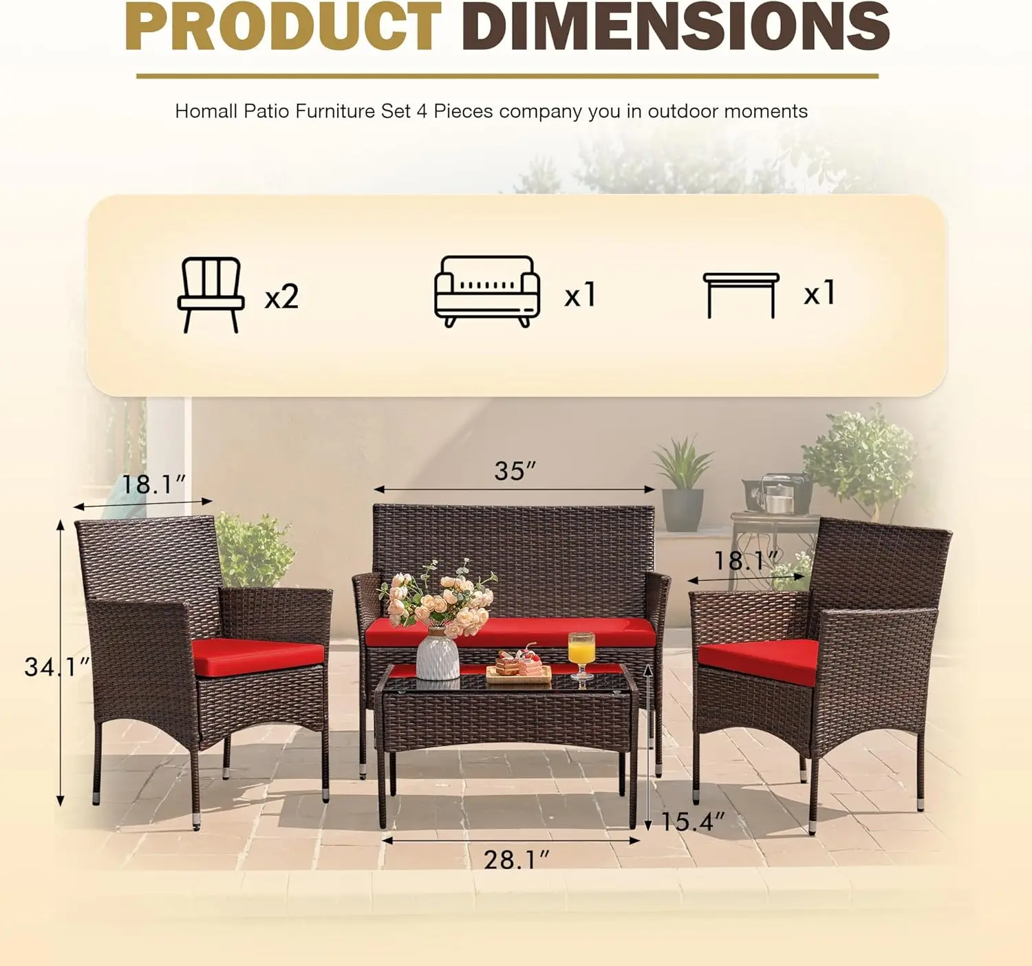 4 قطع من كرسي الفناء الروطان الخوص، للاستخدام الداخلي والخارجي في الفناء الخلفي والشرفة والحديقة بجانب حمام السباحة (أحمر)