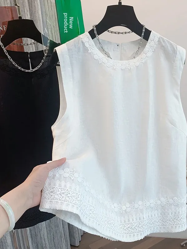 레이스 트림 자수 리넨 민소매 조끼 루즈 라운드넥 여름 상의 여성 패션 편안하고 통기성 좋은 캐주얼웨어