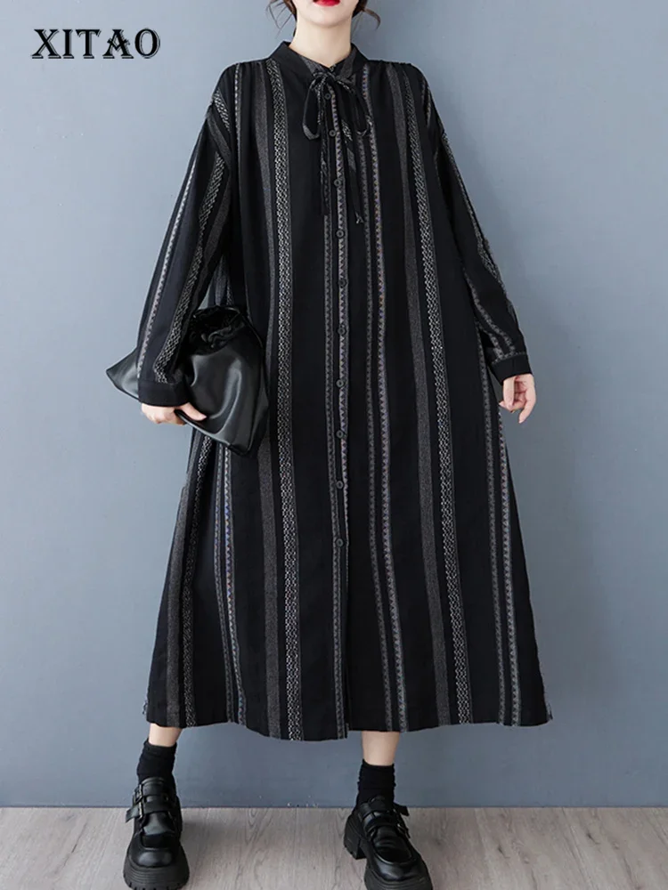 

XITAO Stripe Single Breasted Tape Full Sleeve Dress Loose Fitting Slimming A-line Mid-calf Spring Fashion Women Dress GMM1308