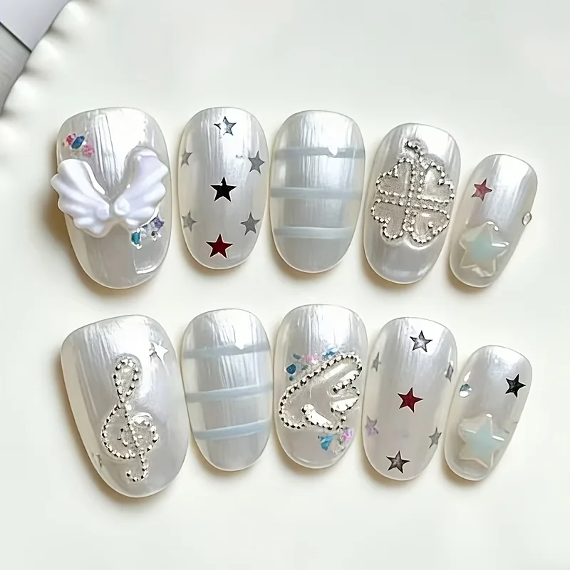10 faux ongles ovales pressés à la main, magnifiques faux ongles, style ballerine, motif ailes blanches effet lune, adaptés aux femmes