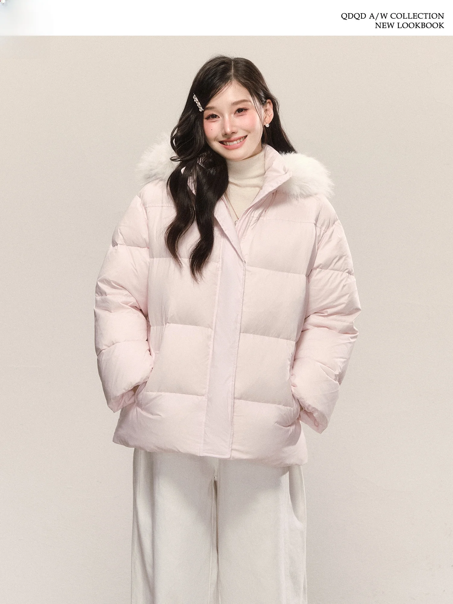 

QDQD Gentle Wind Pink Fur Collar Hooded down Jaet Autumn Winter Thi Warm White Du Feather Bread Sle Women's Coat