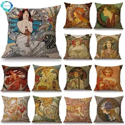 Vintage European Cushion Cover Art Nouveau Mucha Gallery Cushion Case Home Decorative Beautiful Girl Pattern Linen Pillowcase