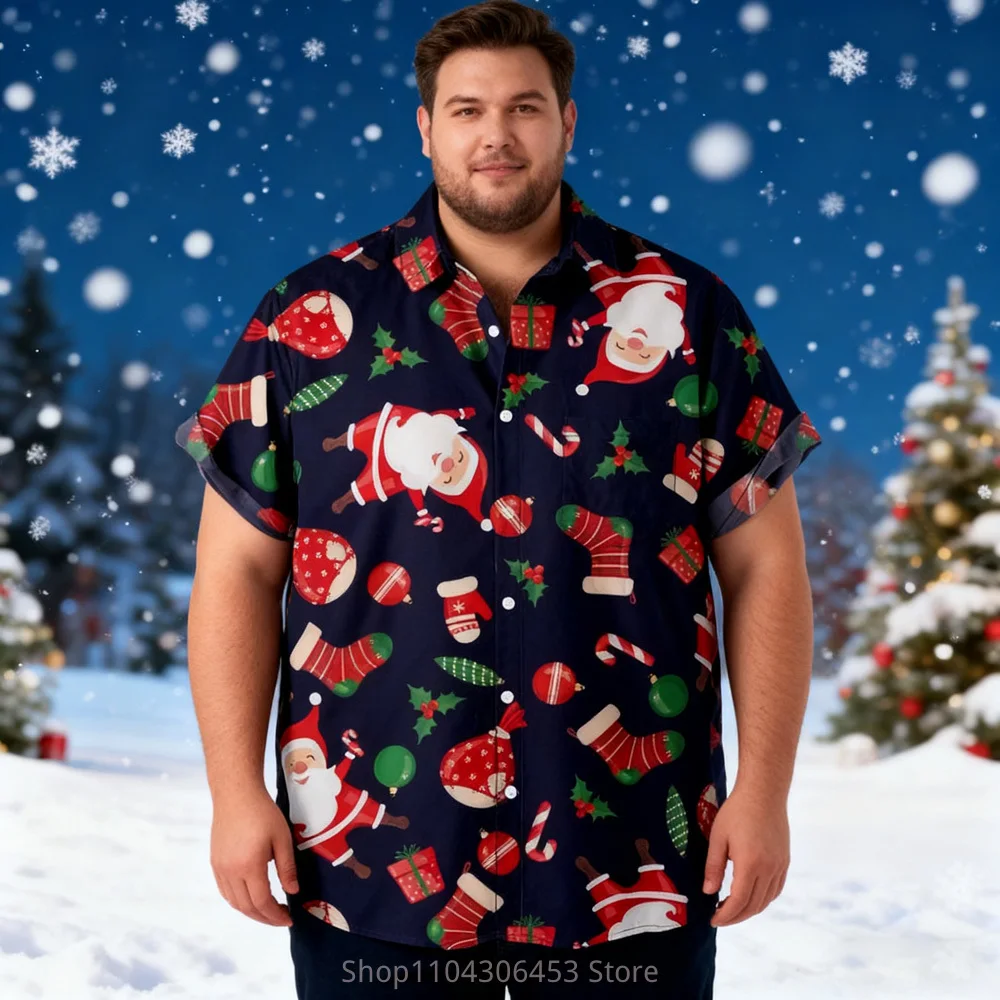 

New Men's Christmas Element Short-sleeved Shirt Santa Claus New Year Cartoon 3D Digital Printing Shirt Spring and Autumn Men's
