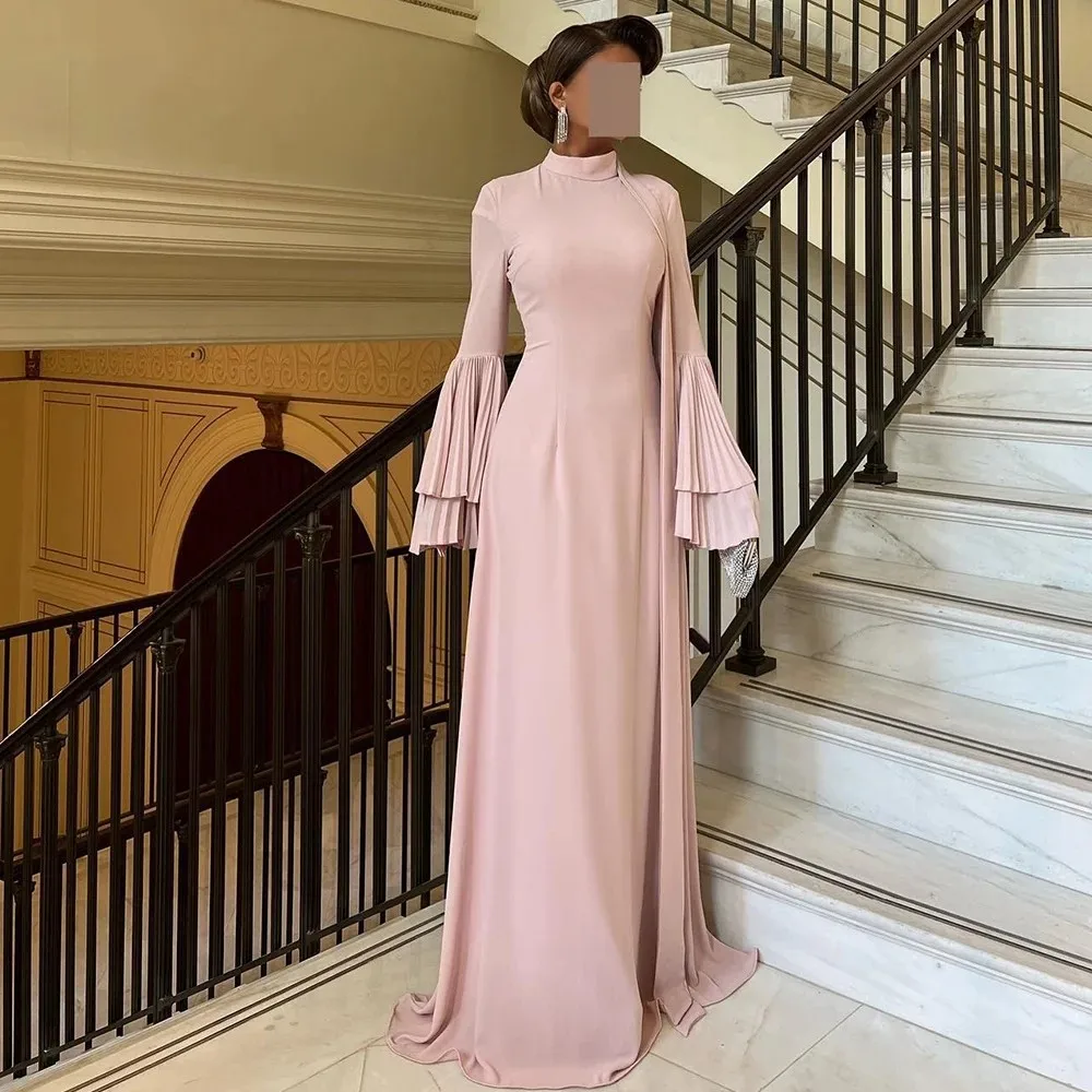 

Flora Dress Pink High Neck Evening Dresses Long Sleeves Mermaid Prom Gowns Saudi Arabic Formal Party Dress Muslim for Women