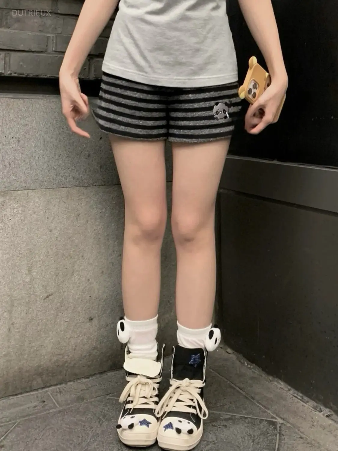 Summer Black Japanese Panda Shorts Striped Casual Elastic Pantalones Cortos De Mujer Y2k New Shorts Feminino Short Pants Women