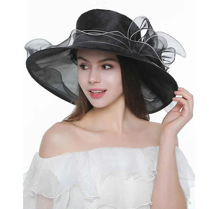 18 Color Ladies Summer Hat White Black Organza Church Fascinator Wedding Tea Party Derby Hats for Women Flower Wide Brim Sun Hat