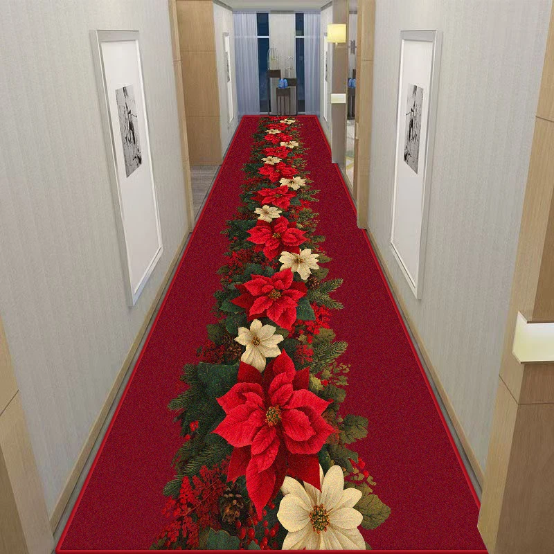 European Poinsettia Hallway Carpets Living Room Area Holiday Strip Rugs Bedroom Decor Home Crystal Velvet Big Size Floor Mats
