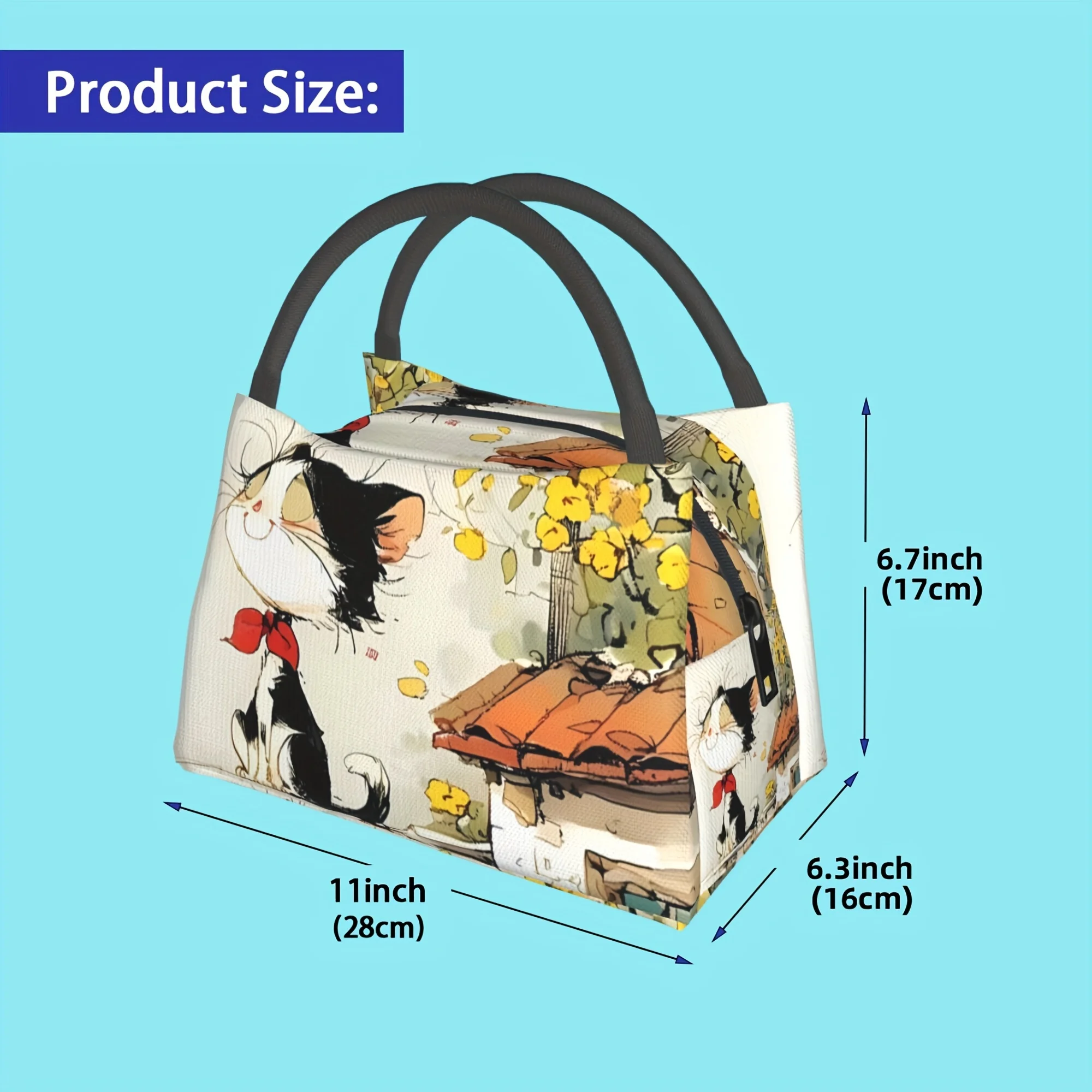 1pc Insulated Lunch Bag With Elegant Kitten Pattern - Portable Reusable Cooler Tote For Camping, Beach, Office & Home