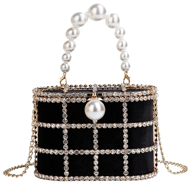 Luxury Diamond Metal Bucket Pearl Handle Women Party Clutch Purses and Handbags French design Ming Ai Wedding Chain Shoulder Bag