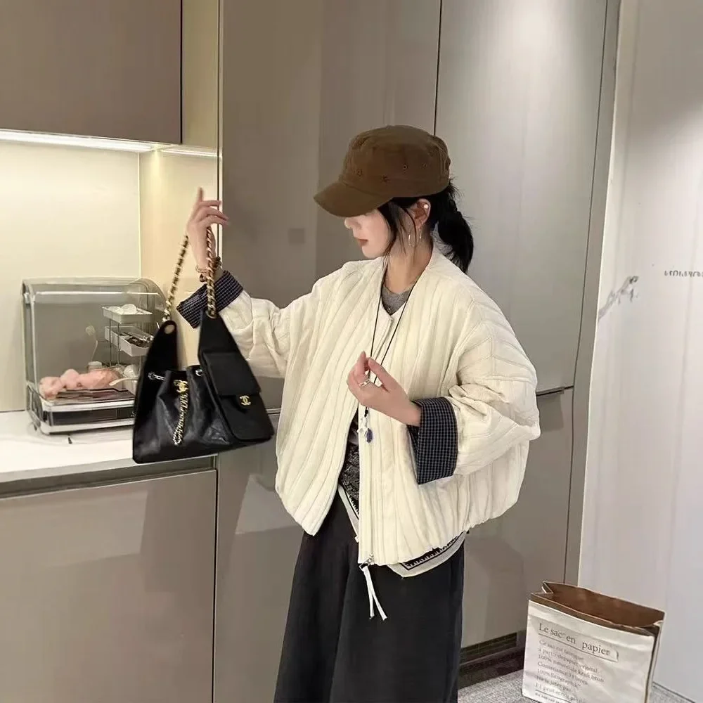 

Новинка 2025, универсальная приталенная куртка, круглый вырез, хлопковое пальто в вертикальную полоску для женщин