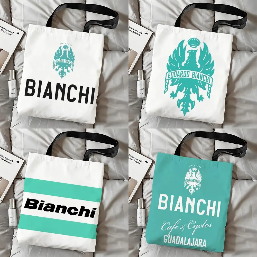 Luxury B-Bianchi Logo Storage Bags Canvas Double-Sided Print Shoulder Handbag Reusable Shopping Durable Tote Bag