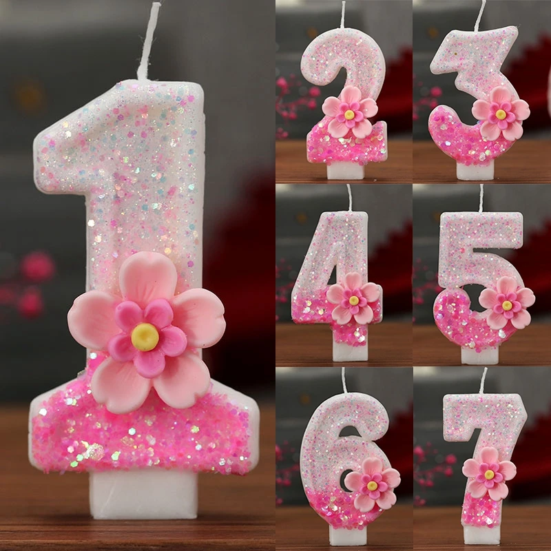 Girl Birthday Candle Decorating Candle Pink Glitter Cake Candles 3D Digital Candles Cake Birthday Party Anniversary Decoration