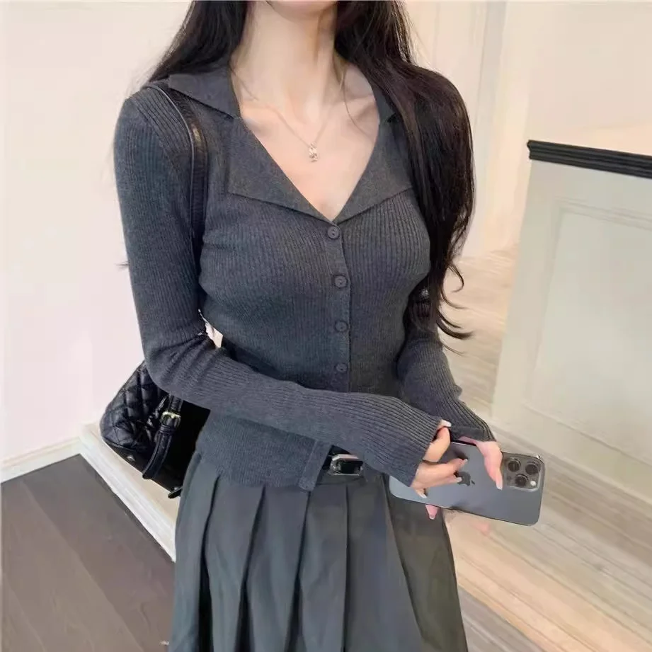 

Korean Style Women's Knitted Cardigan Collared Base Layer Short Top Unique Design Sensation Slim Fit Spring Coolmax Fiber