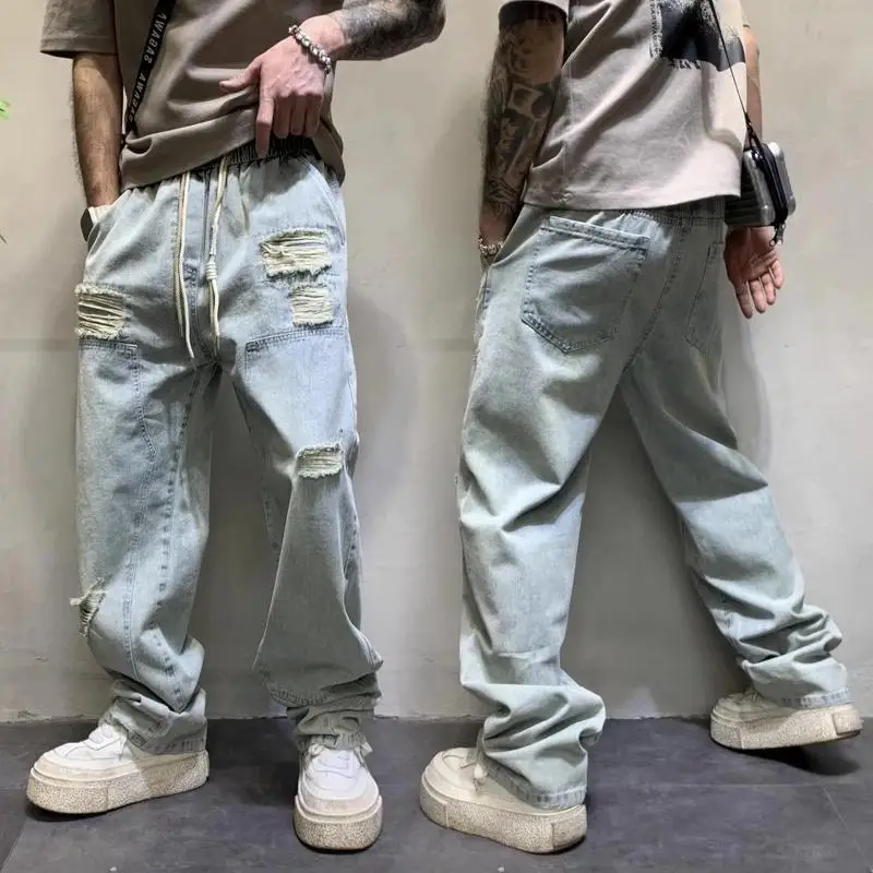 Spring and Autumn 2026 Trendy High Street Jeans for Men Ripped Loose Stretch Summer Trendy Wide-Leg Straight-Leg harem Pants