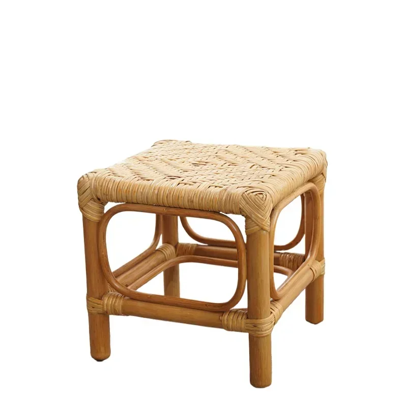 Simple Homestay Square Stool Retro Rattan Woven Children's Chair Comfortable Seating Hallway Ottoman Practical Shoe Bench