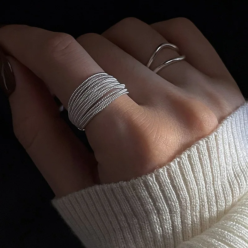 Trend Silver Color Unique Lines Ring For Women Jewelry Finger Adjustable Open Vintage Ring For Party Birthday Gift