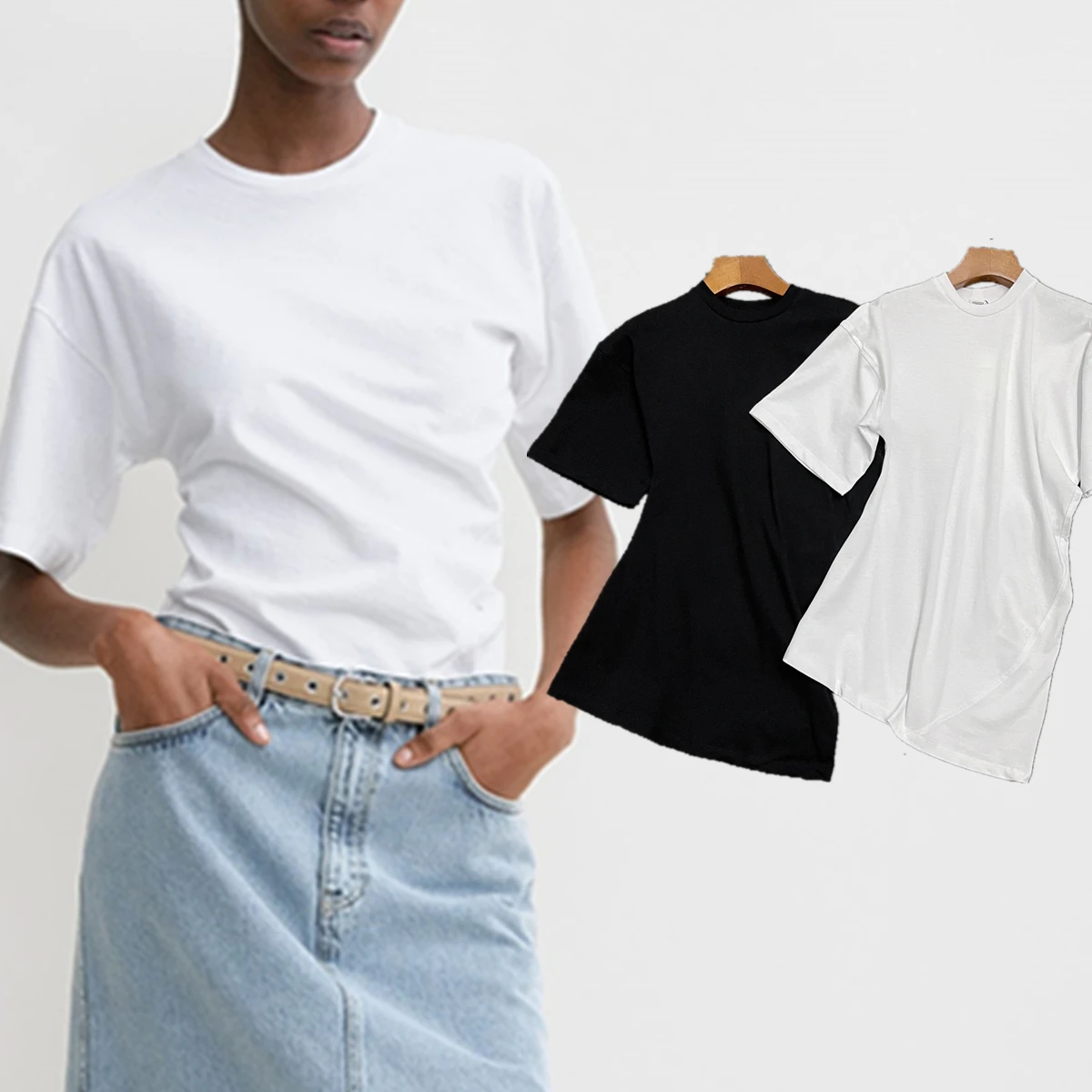 

Jenny&Dave Minimalist Cotton Round Neck Nordic Summer T-shirt Irregular Design Pleated Short Sleeved Solid Color T-shirt