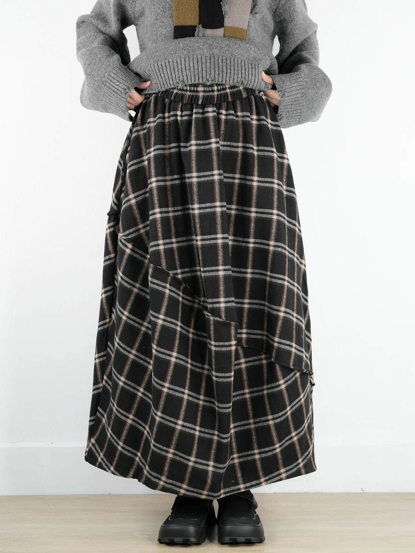 

Зимняя юбка-фонарь в клетку с 3D-кроем, осенне-зимняя, с высокой талией, А-силуэт, повседневная, теплая, хлопковая