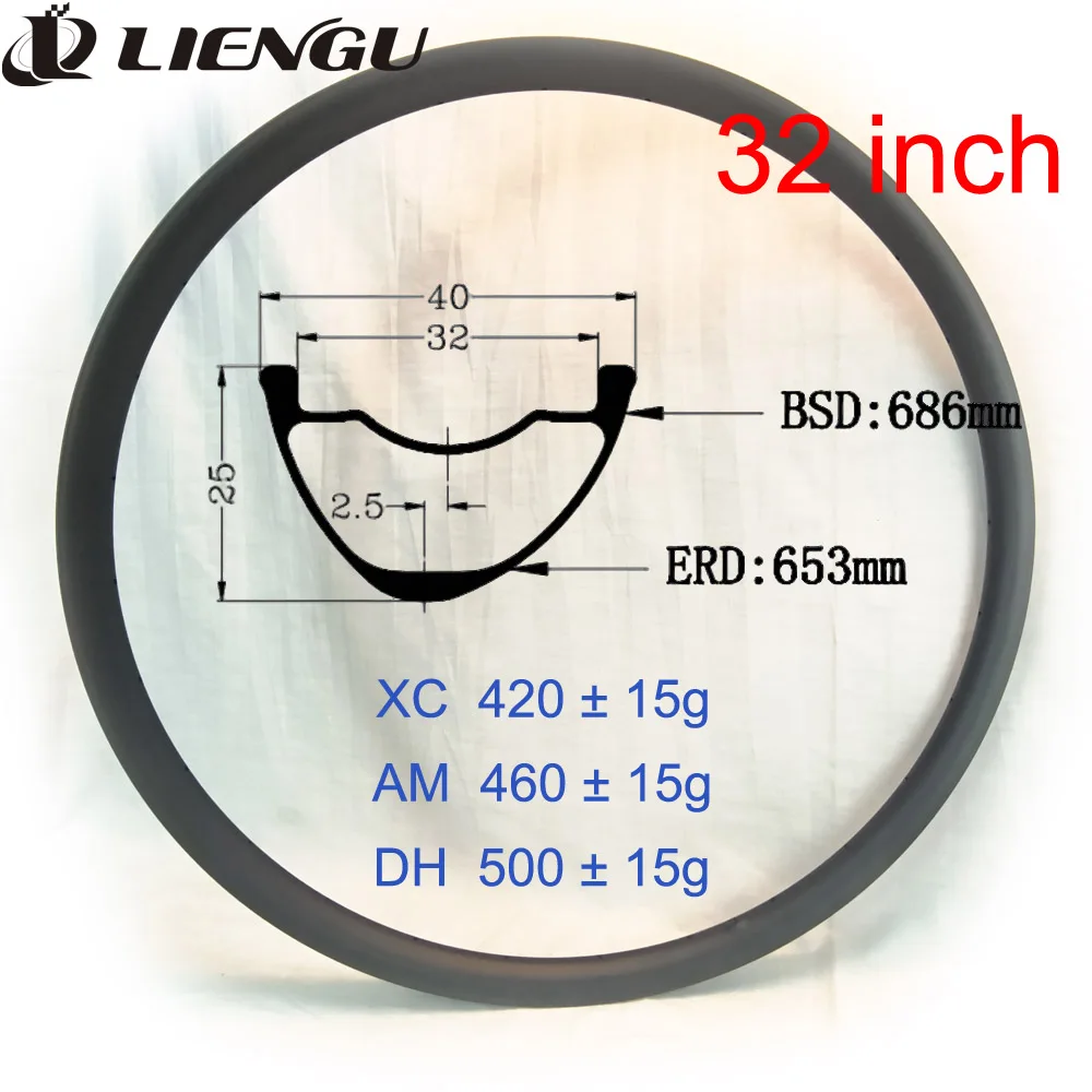 

32-дюймовый карбоновый обод для MTB, ширина 40 мм, внутренняя асимметричная трубка 32 мм, бескамерное колесо 32er для горного велосипеда, глубина 25 мм, для кросс-кантри, XC, AM, DH
