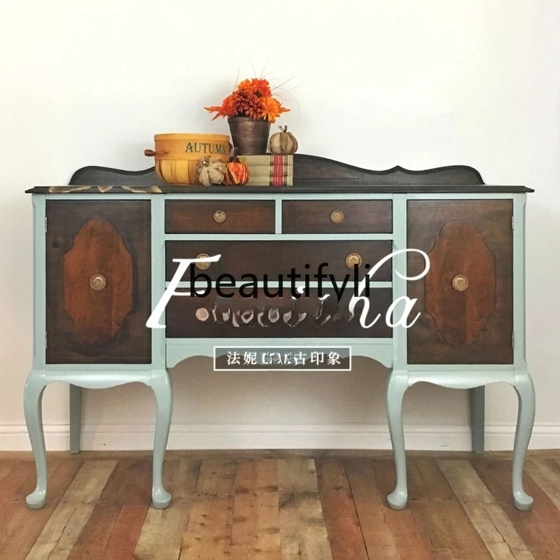 

French retro solid wood dining side wine cabinet integrated European carved living room against the wall American locker