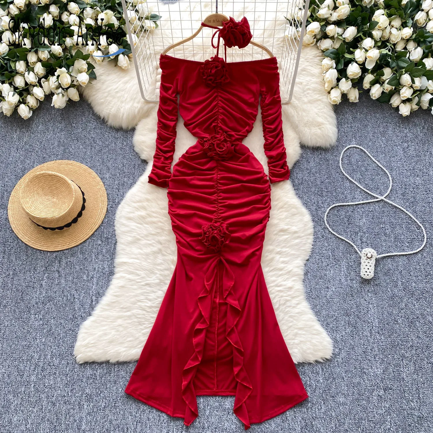 Autumn Winter Off Shoulder Women's Party Long Dresses 2024 Vestidos Dimensional Flower Elegant Gowns Pleated Bodycon Female Robe