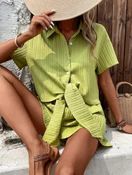 Ladies Summer Green Short Sleeve Shorts 2 Pieces Set Breathable Cool Button Up Shirt Lace Up Suit Women's