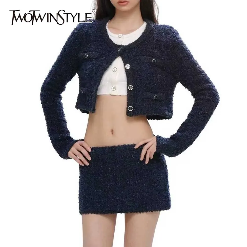 

TWOTWINSTYLE однотонный комплект из двух предметов с цепочкой, женская куртка с круглым вырезом и длинными рукавами, корейский милый женский комплект с юбкой, осенняя мода