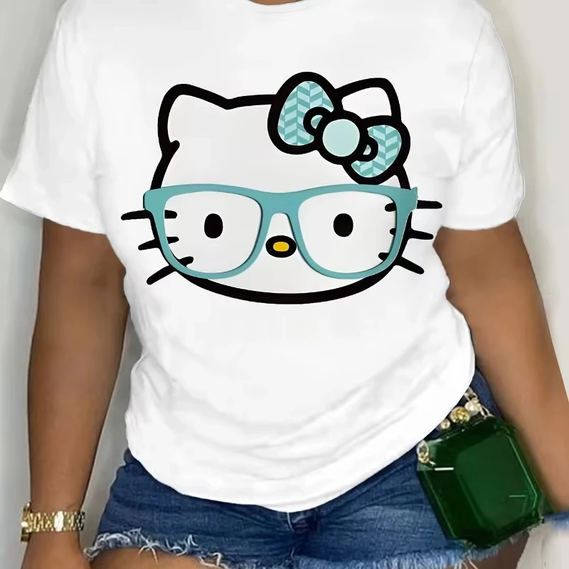 

MINISO Glasses Hello Kitty Avatar Printed T-shirt Summer Sanrio Women's New Plus Size T-shirt Y2K Loose Casual Short Sleeved Top