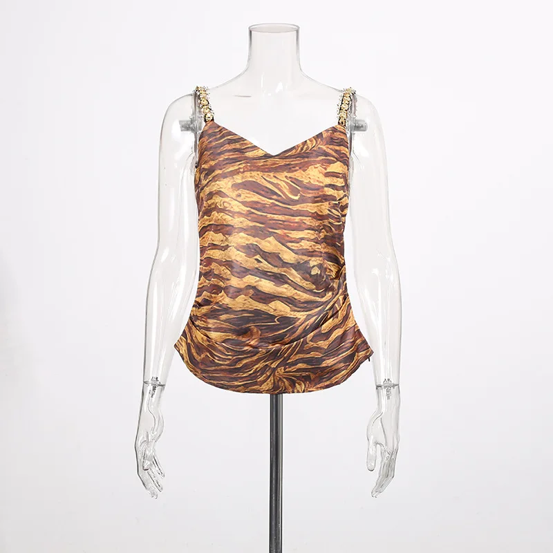 HKSH Women Trendy Vest Strap Studded Diamonds V-neck Printed Slim Fit Streetwear Backless Sleeveless Camisole New Summer HK20606