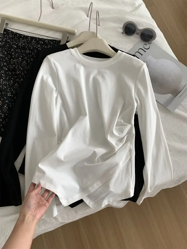 Camisetas de manga larga para adolescentes y mujeres, puño plisado con cordón en la cintura, artístico, moderno, Preppy, en capas, limpieza inteligente y nítida