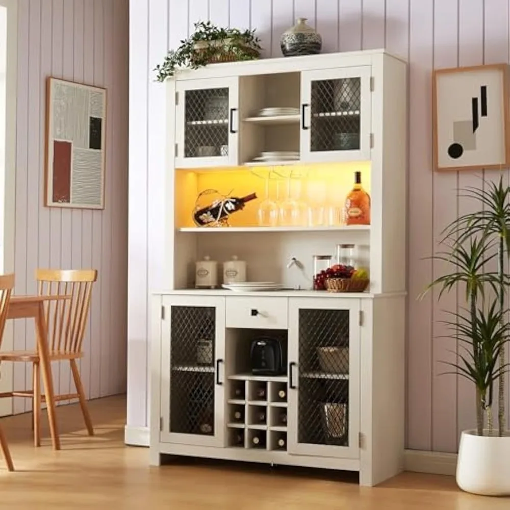 

70.9 Inch Wine Cabinet with LED Lights, Outlets, Wines Bottle Rack, Wines Glass Rack, Drawer, Storage Shelf, Bar Cabinet