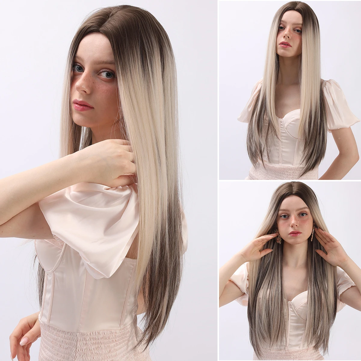 Women's Synthetic Cosplay Lolita Gradient White Gray Long Straight Hair Women's Matte Wig Party Women's Long Straight Hair