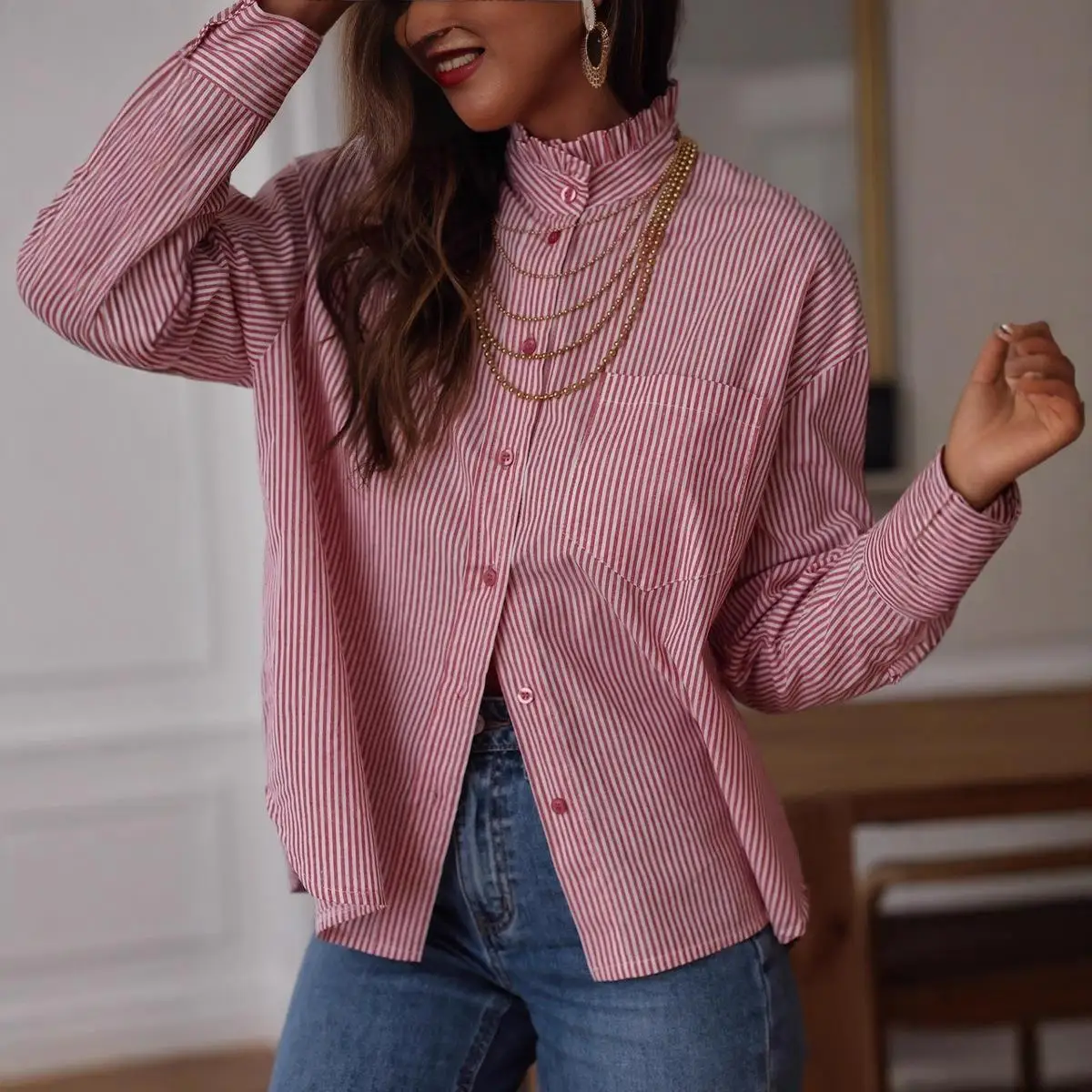 

Women's Striped irt Commute Sle Regular Sve Long Polyester Fiber Non-deformable Printed Pure Color Winter Collection