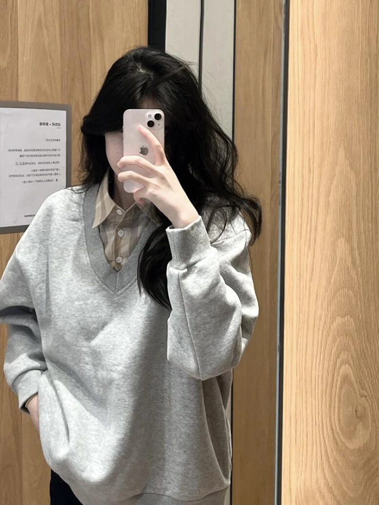 Coreano sle xadrez solto ajuste feminino ne suor outono inverno fce forrado casual versátil preguiçoso sle topo