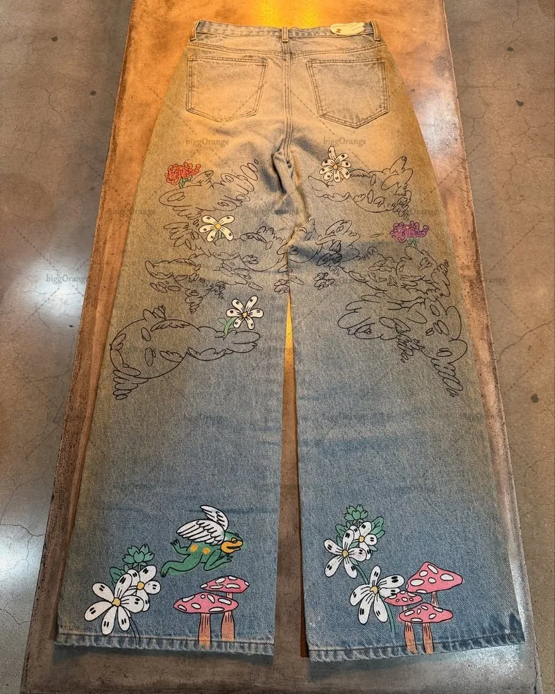 2025 Harajuku Y2K ملابس الشارع النسائية Kawaii الملابس الرجعية الكرتون فضفاض الجينز الهيب هوب الكتابة على الجدران عادية الدنيم مستقيم واسعة الساقين