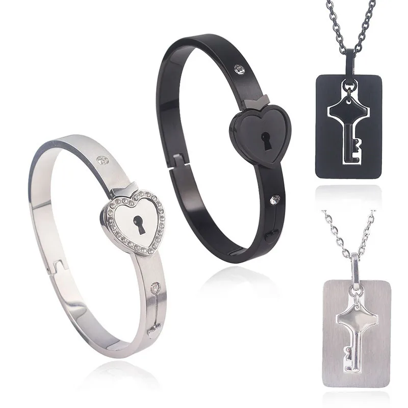 

2-Piece Couple's Lock and Key Bracelet and Necklace Set Stainless Steel Heart-Shaped Lock Bracelet Valentine's Day Gifts