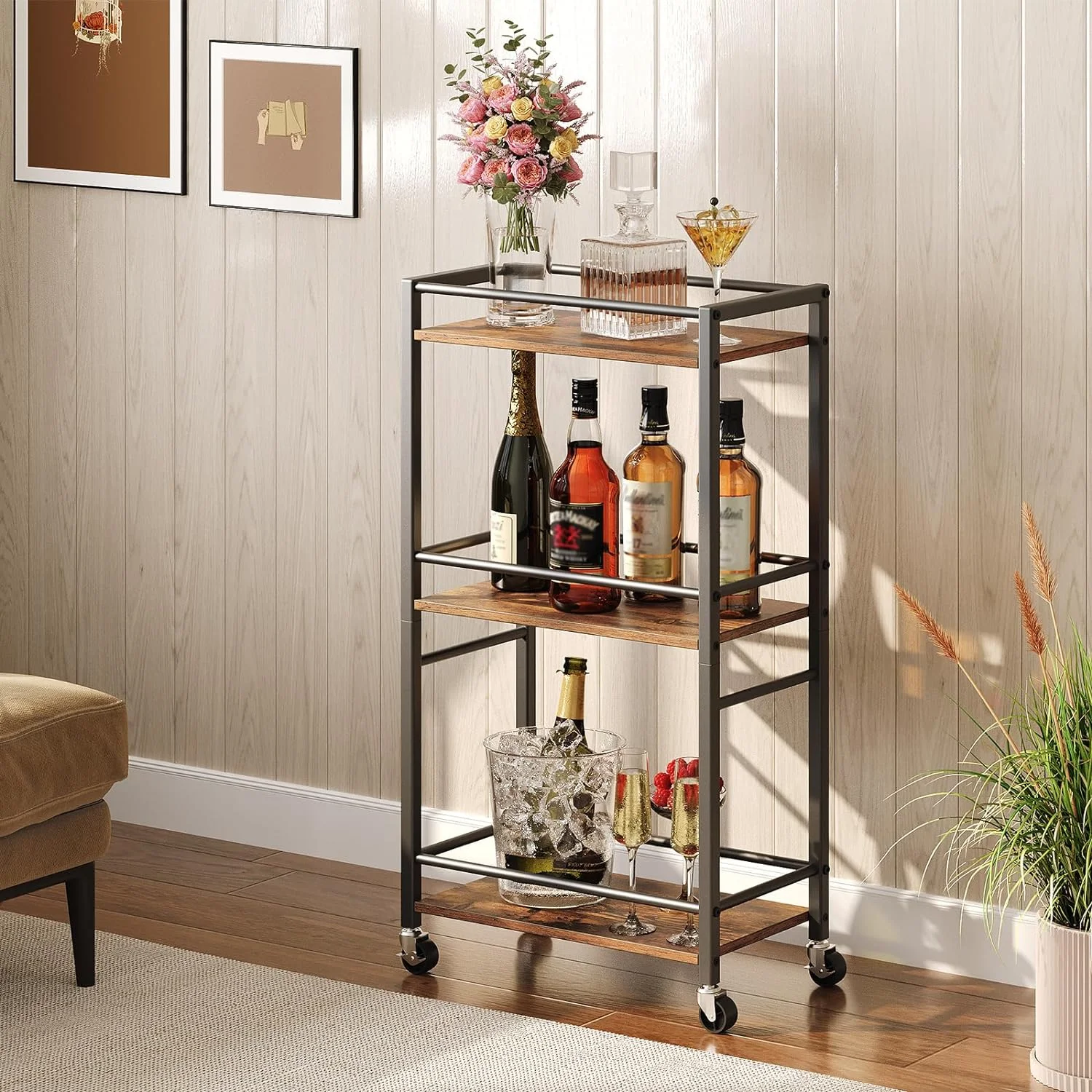 @！Tier Bar Cart for Home Kitchen Storage Island Serving Cart on Wheels Wooden Panel Trolley Rolling