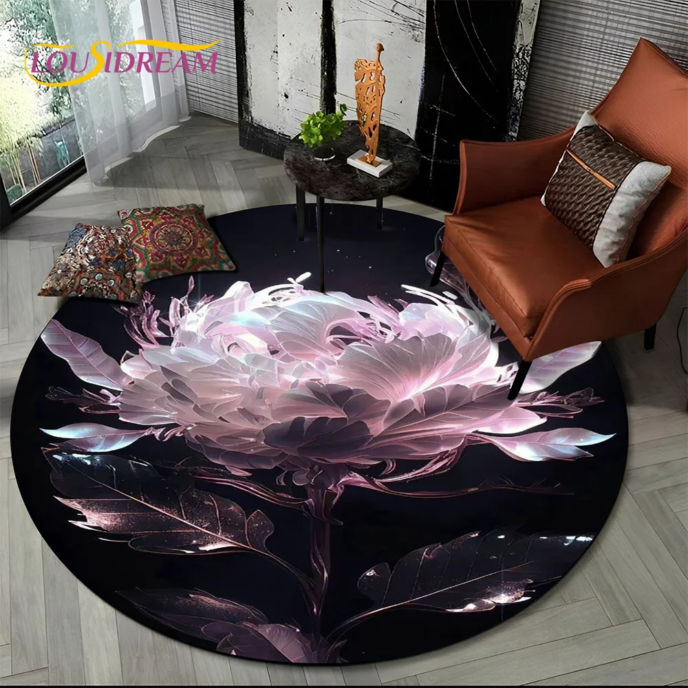 Flower Rose & Daisy Nordic Round Rug – Soft Non-Slip Mat for Living Room, Bedroom, Playroom, Chair or Pet Area Decor