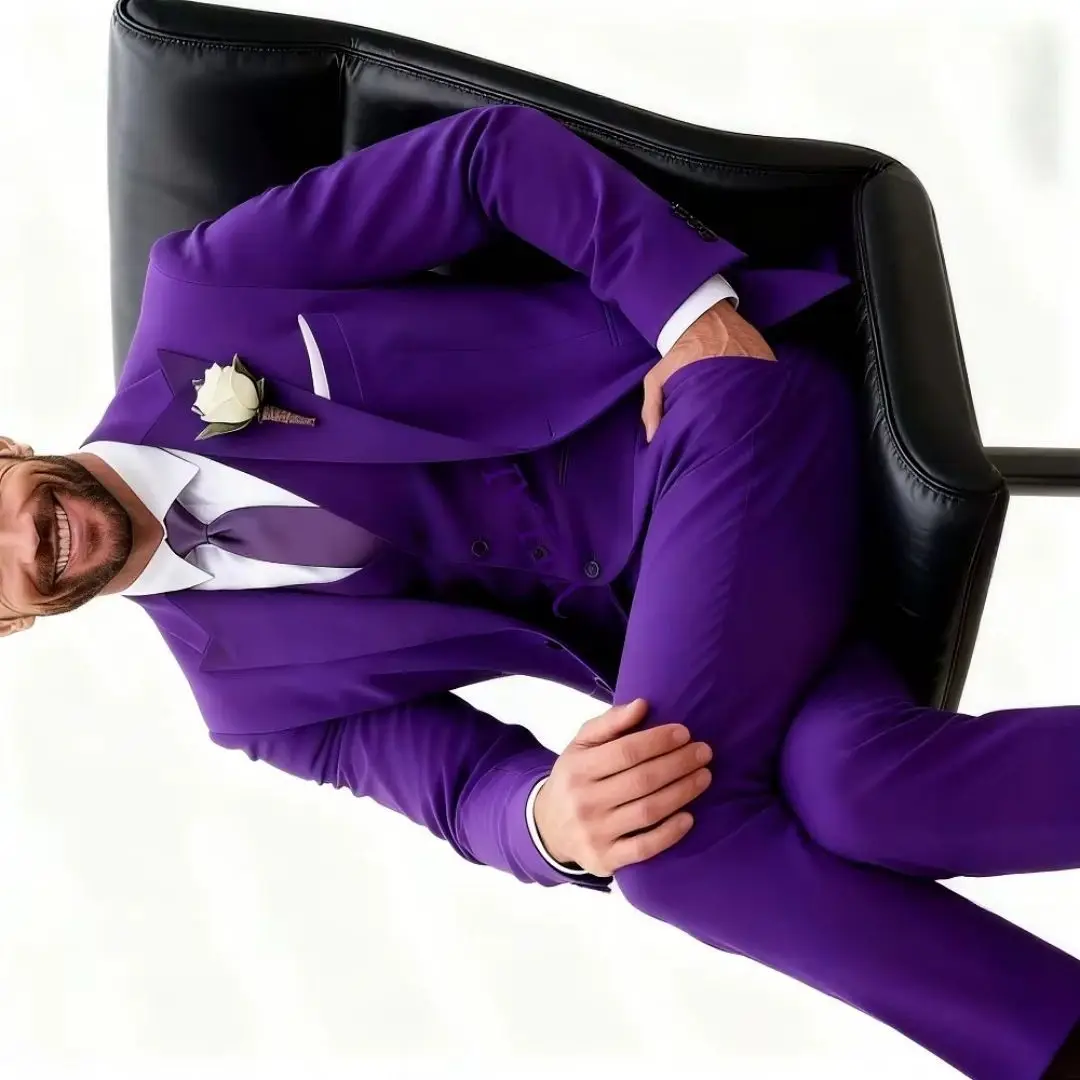 بدلة سهرة رسمية مخملية أرجوانية مخصصة للرجال مكونة من 3 قطع بدلة سوداء لحفلات الزفاف أفضل رجل لحفلات الكرة لحفلات Busin